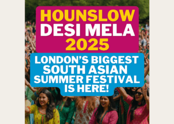 Colorful digital graphic promoting Hounslow Desi Mela 2025 with vibrant illustrations of dhol players, dancers, and South Asian food.
