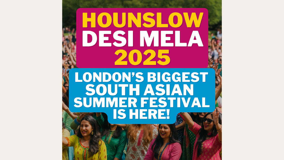 Colorful digital graphic promoting Hounslow Desi Mela 2025 with vibrant illustrations of dhol players, dancers, and South Asian food.