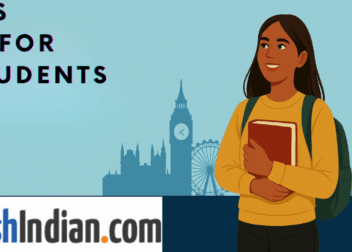 Illustration of a South Asian female student holding a book with London landmarks in the background, titled "UCAS Guide for Indian Students" by ScottishIndian.com.