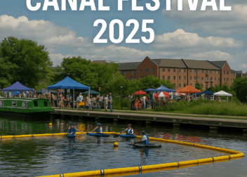 A realistic digital image of the Edinburgh Canal Festival 2025 with colorful kayaks, canal-side greenery, and branded ScottishIndian.com event title text.