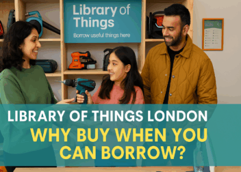 Assortment of tools, kitchen appliances, and household items displayed with a “Library of Things London” sign.