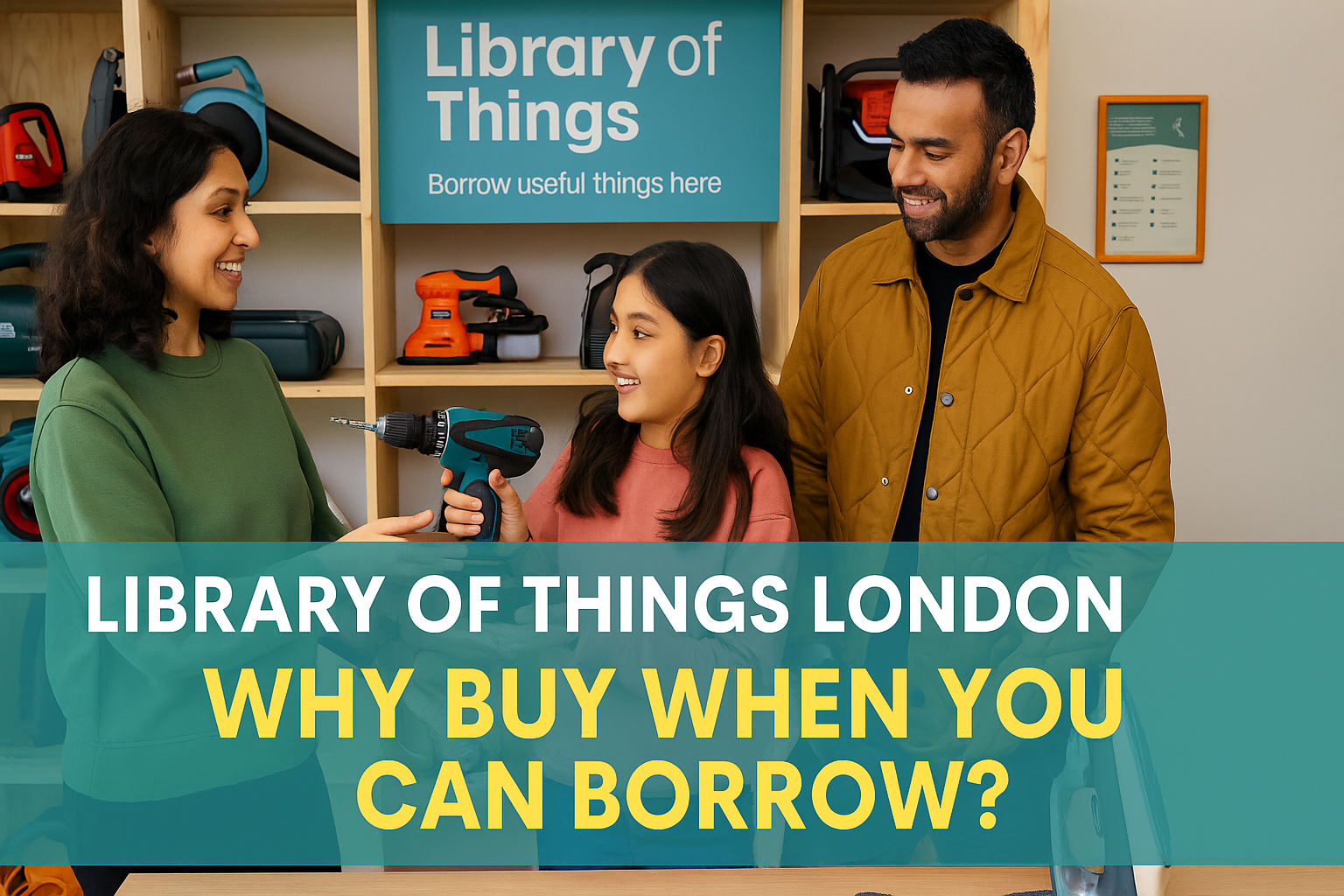 Assortment of tools, kitchen appliances, and household items displayed with a “Library of Things London” sign.