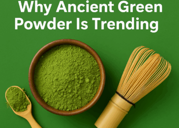 Illustration of matcha in a modern wellness layout with green powder, latte, bamboo whisk, and leafy accents on a clean background.