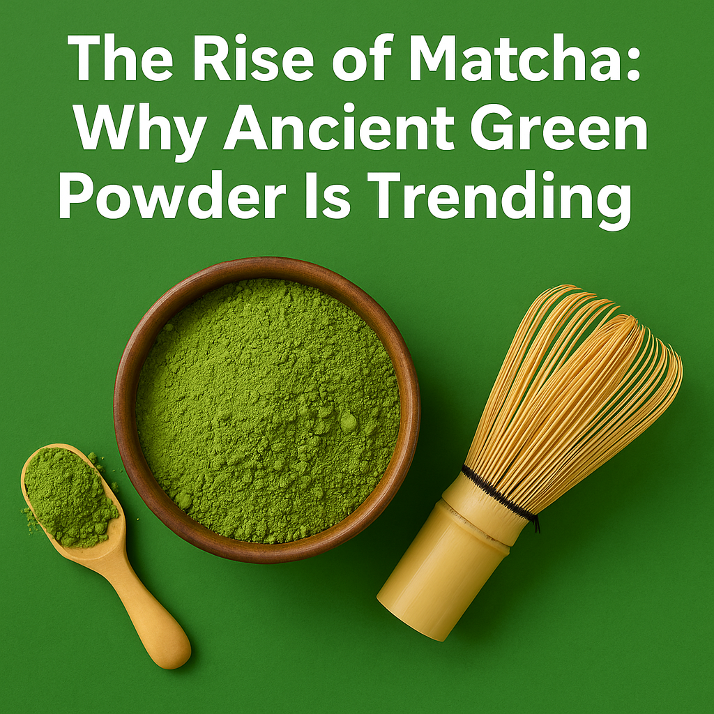 Illustration of matcha in a modern wellness layout with green powder, latte, bamboo whisk, and leafy accents on a clean background.