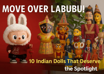A Labubu doll in a fluffy bunny outfit stands beside a vibrant group of handcrafted traditional Indian dolls, highlighting a contrast between pop culture toys and Indian heritage artistry.