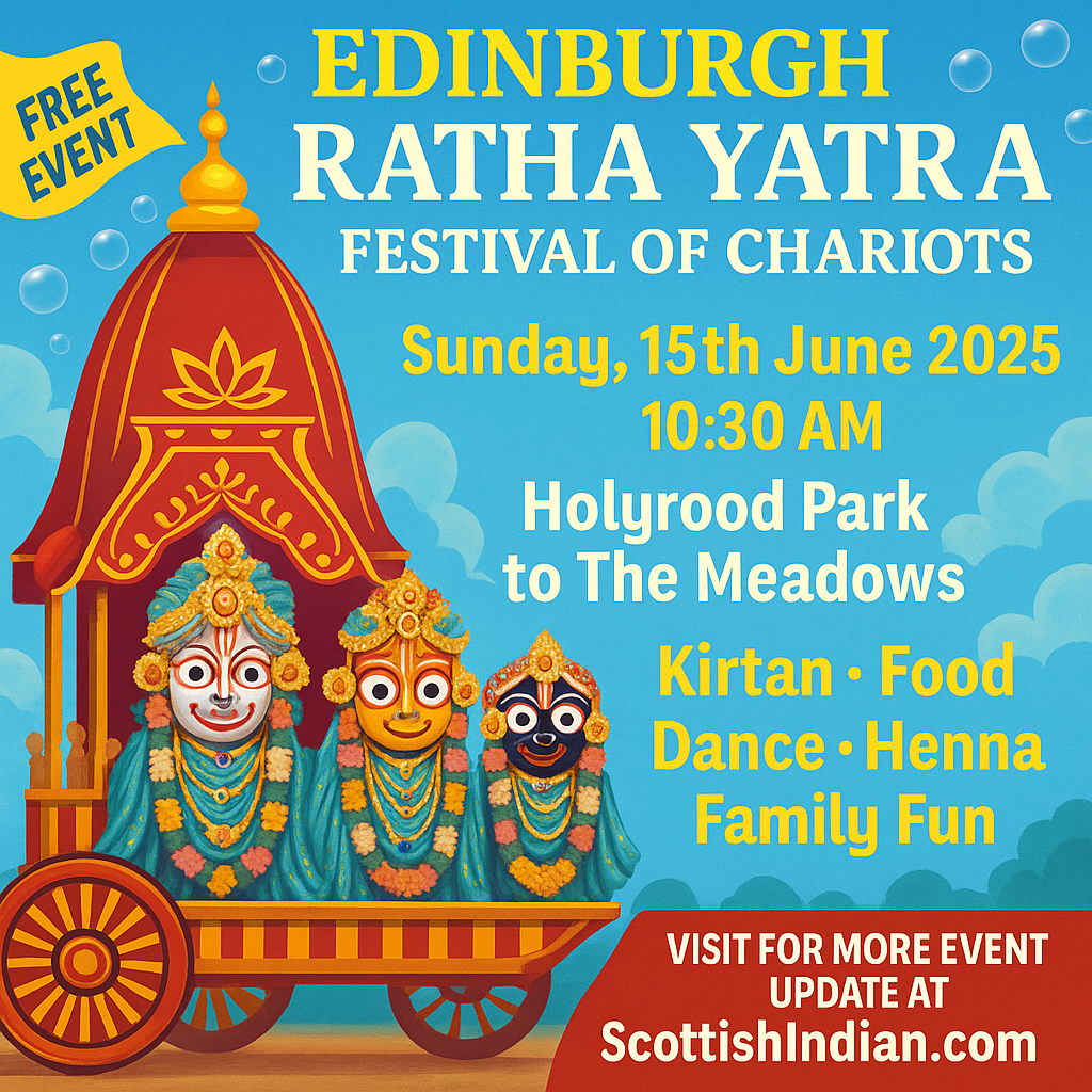 Colorful digital poster for Edinburgh Ratha Yatra 2025 showing Lord Jagannath, Balabhadra, and Subhadra on a chariot, with event details and ScottishIndian.com promotion.