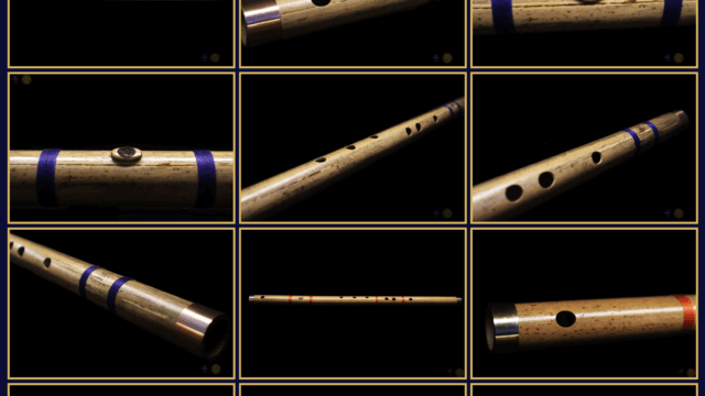 Collage of handcrafted bamboo flutes with detailed close-ups, showcasing different gemstone inlays, colored bindings, and precision craftsmanship by Licht Bansuri.