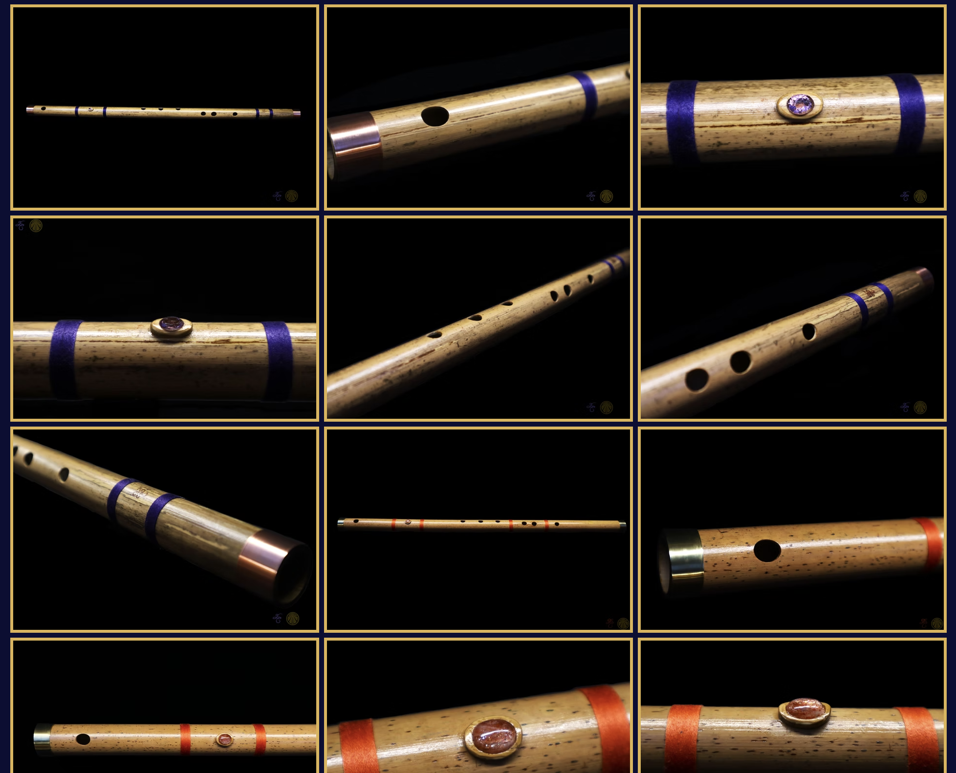 Collage of handcrafted bamboo flutes with detailed close-ups, showcasing different gemstone inlays, colored bindings, and precision craftsmanship by Licht Bansuri.