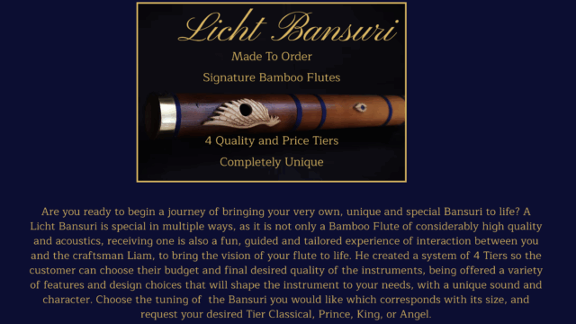 Promotional image for Licht Bansuri, featuring a handcrafted bamboo flute with engraved design. Text highlights made-to-order flutes, four quality tiers, and uniqueness, set against a dark blue background with gold accents.
