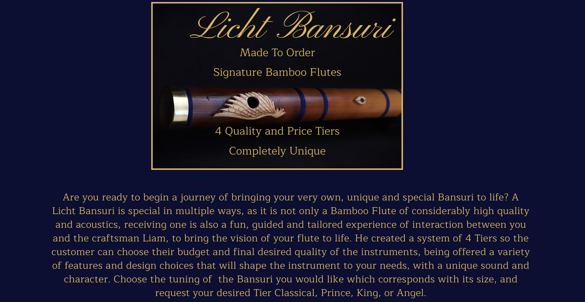 Promotional image for Licht Bansuri, featuring a handcrafted bamboo flute with engraved design. Text highlights made-to-order flutes, four quality tiers, and uniqueness, set against a dark blue background with gold accents.