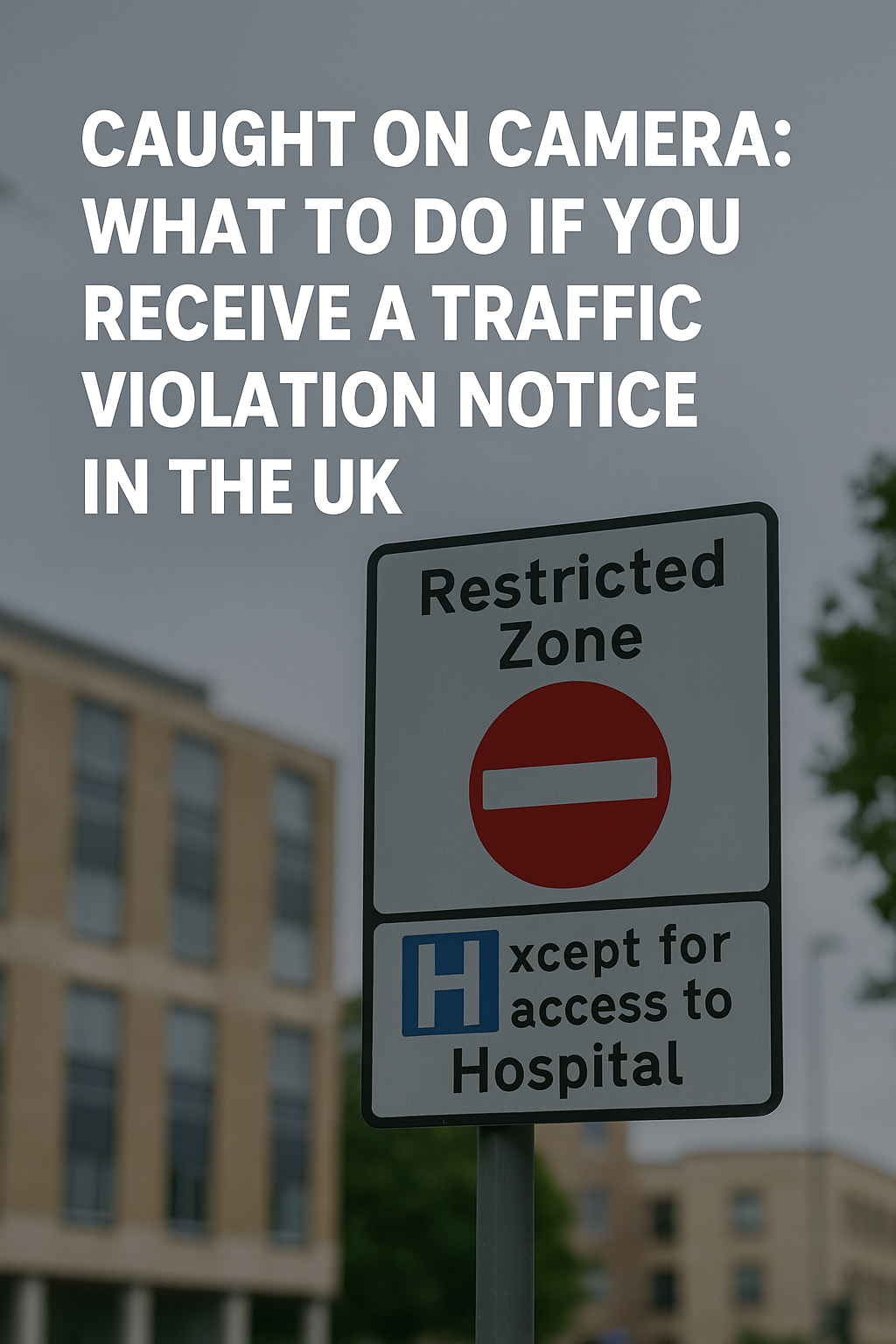 Restricted Zone sign near a UK hospital with 'Except for access to hospital' underneath, used to illustrate traffic enforcement zones