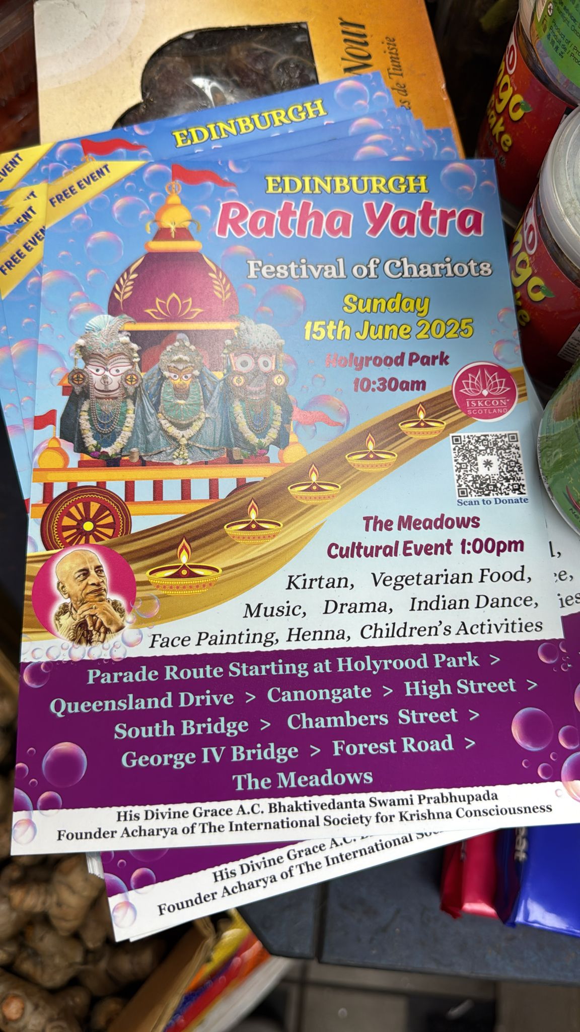 Flyer for Edinburgh Ratha Yatra Festival of Chariots 2025, featuring event details, parade route, and cultural activities.