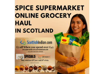 Promotional banner for Spice Supermarket's £5 discount offer for ScottishIndian.com users, with spices and herbs at the bottom and a voucher code "SPECIAL5".