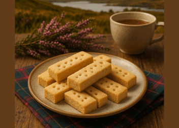 A plate of golden Scottish shortbread fingers arranged on a tartan cloth atop a weathered wooden table, accompanied by a steaming cup of tea, sprigs of purple heather, and misty Highland hills in the background, with a small ScottishIndian.com logo in the bottom corner.