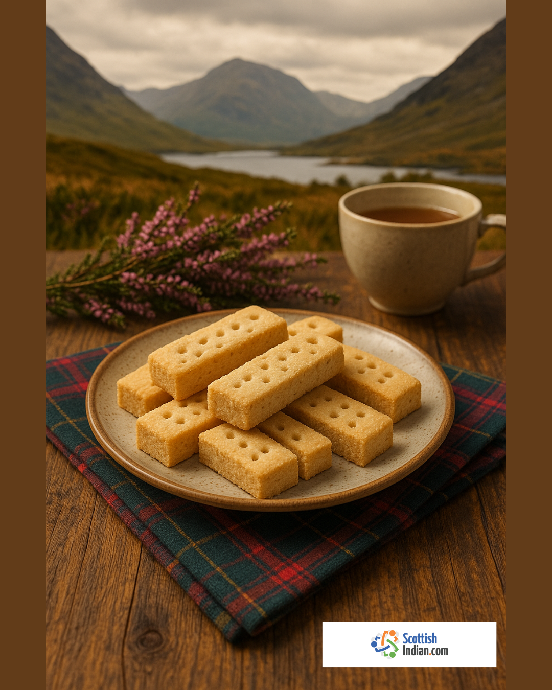 A plate of golden Scottish shortbread fingers arranged on a tartan cloth atop a weathered wooden table, accompanied by a steaming cup of tea, sprigs of purple heather, and misty Highland hills in the background, with a small ScottishIndian.com logo in the bottom corner.