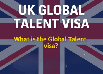 A digital graphic design promoting "Visa Series – Part 1" with the title "UK Global Talent Visa" displayed in bold font. The background includes UK-themed visuals and modern vector icons representing innovation, science, and the arts. The ScottishIndian.com logo is featured at the bottom.