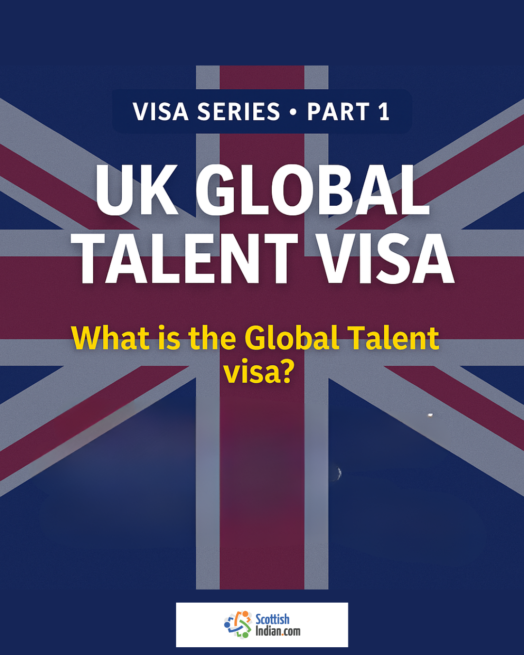 A digital graphic design promoting "Visa Series – Part 1" with the title "UK Global Talent Visa" displayed in bold font. The background includes UK-themed visuals and modern vector icons representing innovation, science, and the arts. The ScottishIndian.com logo is featured at the bottom.