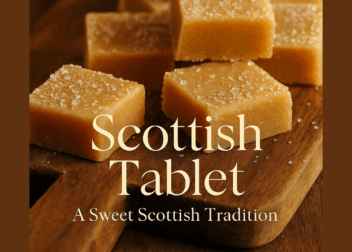Close-up of several golden-brown squares of Scottish tablet, lightly sprinkled with sugar crystals, arranged on a rustic wooden board. Overlaid text reads “Scottish Tablet – A Sweet Scottish Tradition,” with the ScottishIndian.com logo at the bottom.
