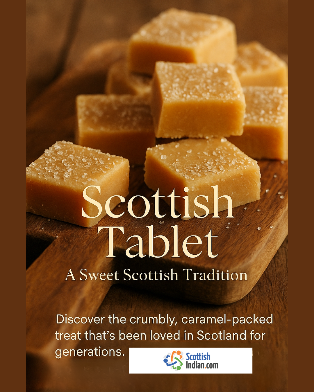 Close-up of several golden-brown squares of Scottish tablet, lightly sprinkled with sugar crystals, arranged on a rustic wooden board. Overlaid text reads “Scottish Tablet – A Sweet Scottish Tradition,” with the ScottishIndian.com logo at the bottom.