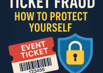 Ticket fraud awareness graphic showing an event ticket and a security shield with a padlock, alongside the text 'Ticket Fraud: How to Protect Yourself' and the ScottishIndian.com logo.