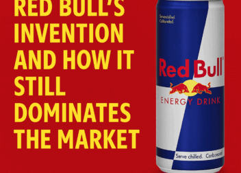 A digital promotional graphic featuring a Red Bull can launching like a rocket against a vibrant red and blue background. Text reads “Red Bull’s Invention and Market Domination” with dynamic motion lines and branding elements.