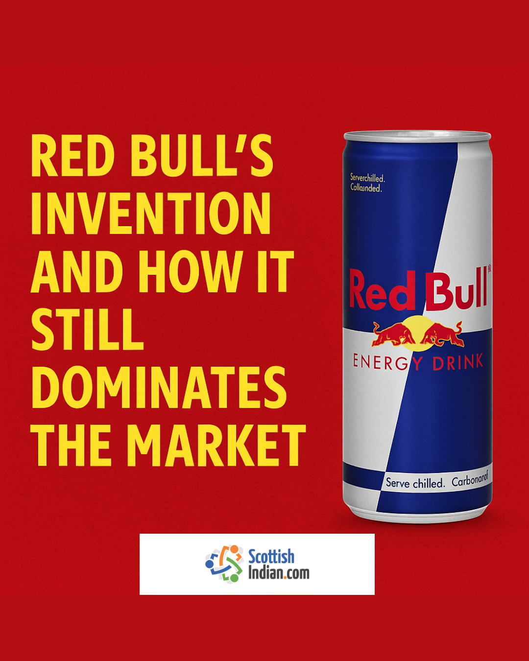 A digital promotional graphic featuring a Red Bull can launching like a rocket against a vibrant red and blue background. Text reads “Red Bull’s Invention and Market Domination” with dynamic motion lines and branding elements.