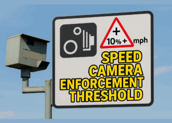 A UK-style roadside speed camera sign displays the formula “+10% + mph” in a red warning triangle, next to a black speed camera icon and bold yellow text reading “Speed Camera Enforcement Threshold.” A real speed camera is mounted beside the sign. The image is branded with the ScottishIndian.com logo at the bottom.