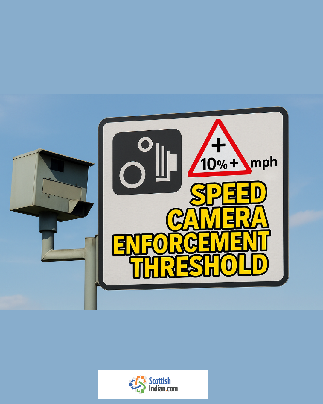 A UK-style roadside speed camera sign displays the formula “+10% + mph” in a red warning triangle, next to a black speed camera icon and bold yellow text reading “Speed Camera Enforcement Threshold.” A real speed camera is mounted beside the sign. The image is branded with the ScottishIndian.com logo at the bottom.
