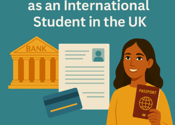 Illustration of an international student holding documents, standing next to a UK bank card and currency symbols, representing opening a bank account in the UK.