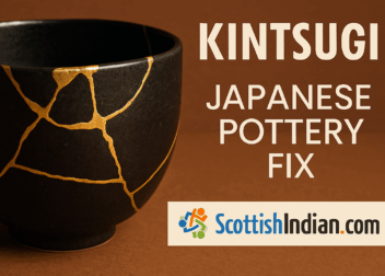 A ceramic bowl repaired with golden lacquer using the Japanese art of Kintsugi, placed on a dark surface with "ScottishIndian.com" branding.