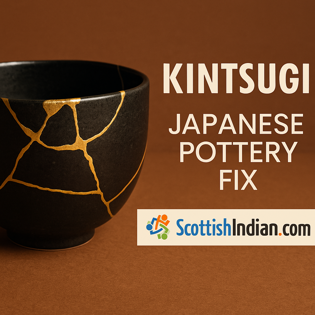 A ceramic bowl repaired with golden lacquer using the Japanese art of Kintsugi, placed on a dark surface with "ScottishIndian.com" branding.