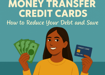 Flat-style digital illustration showing a person managing finances online, with credit cards, money transfer symbols, and budgeting icons on a pastel background.