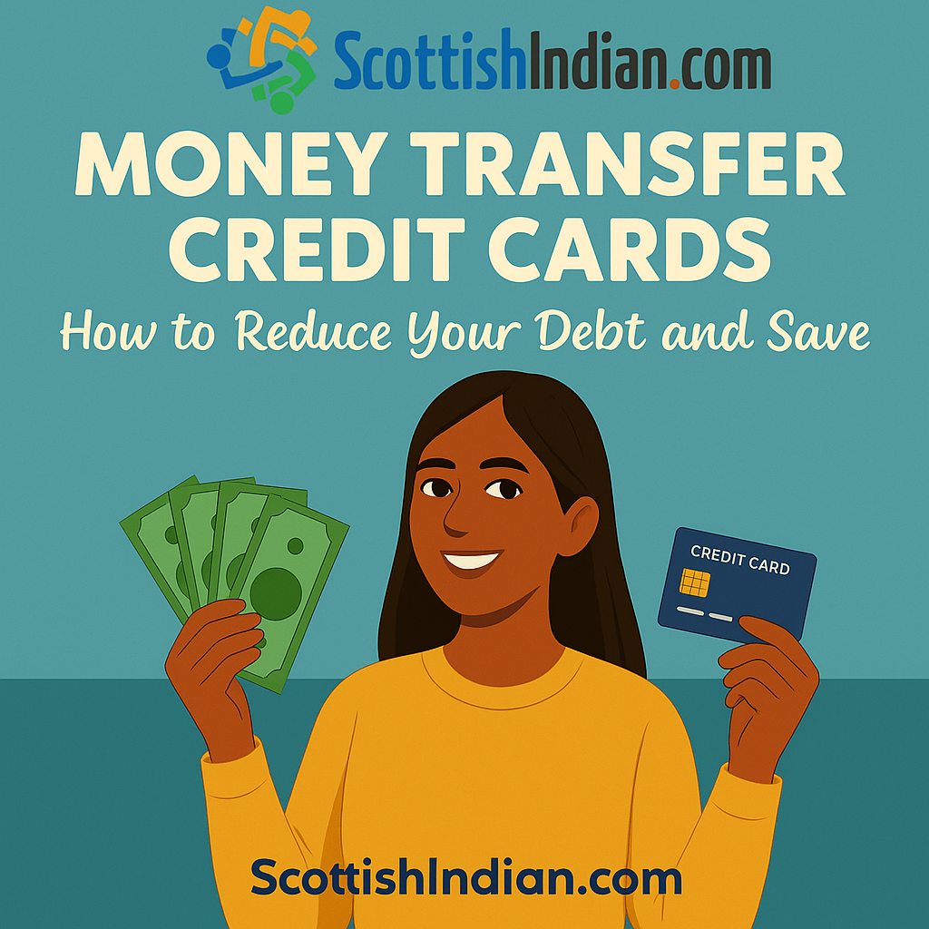 Flat-style digital illustration showing a person managing finances online, with credit cards, money transfer symbols, and budgeting icons on a pastel background.