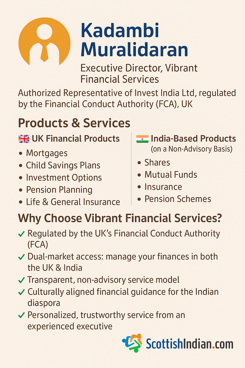 Promotional digital graphic for Vibrant Financial Services showing UK and India financial icons with currency symbols, charts, and secure investment imagery.