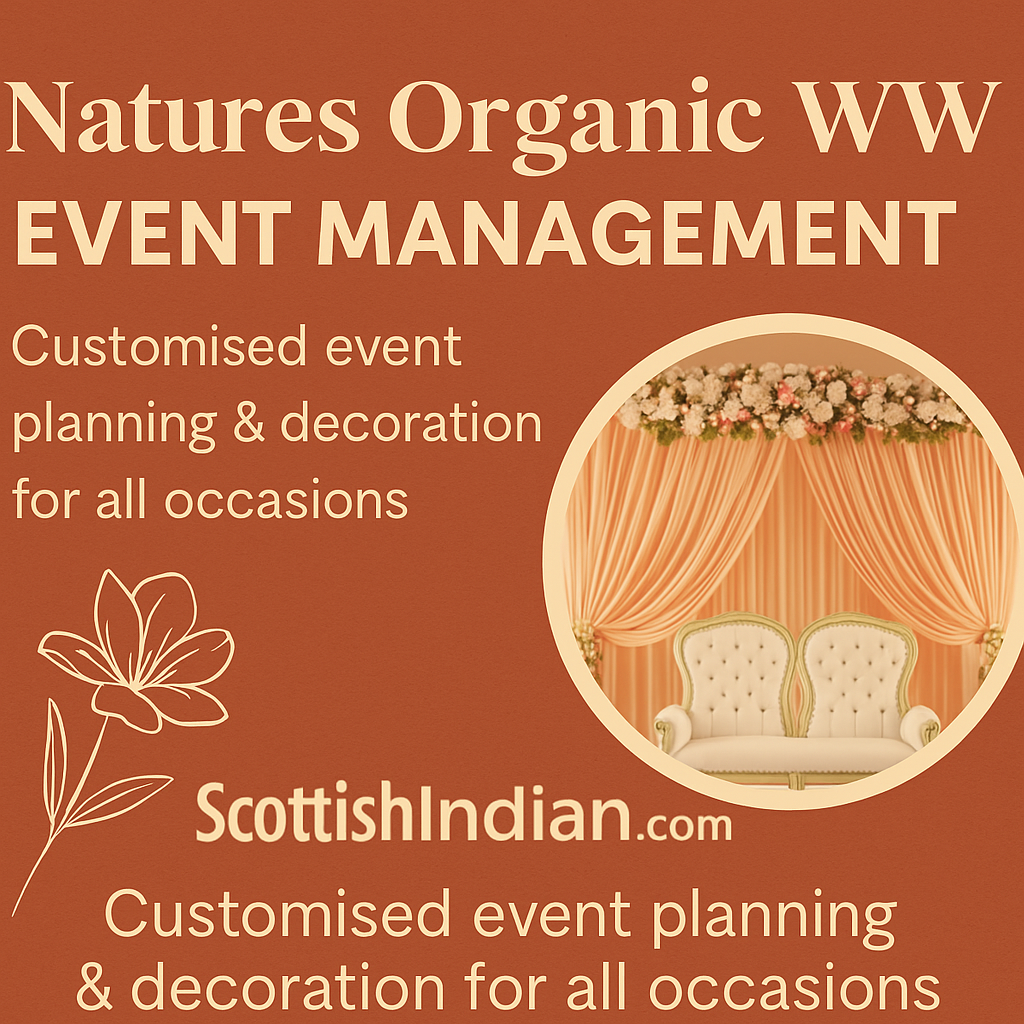 A promotional digital graphic for Natures Organic WW showcasing sustainable and culturally inspired event management services in the UK.