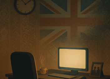 An empty office workspace with a dim, moody atmosphere, featuring a laptop, coffee mug, and paperwork on a desk - symbolising quiet quitting in corporate environments.