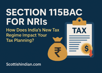 Illustration showing Section 115BAC tax regime guidance for NRIs, including income slabs, tax planning, and money-saving tips.