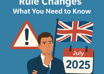 Illustration of UK immigration changes in 2025 showing documents, flags, and people discussing visa rules