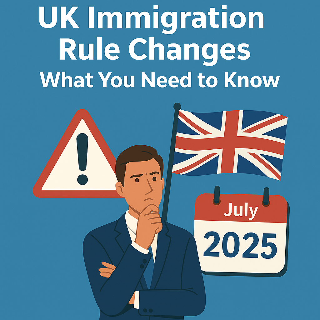 Illustration of UK immigration changes in 2025 showing documents, flags, and people discussing visa rules