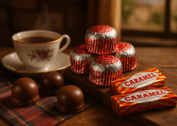 Tunnock’s Tea Cakes and Caramel Wafers arranged on a wooden board beside a floral china teacup of steaming tea, set on a tartan-cloth–covered table under soft natural light.