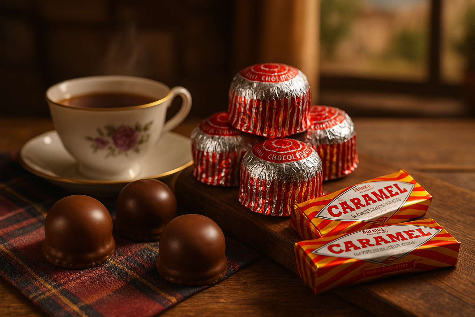 Tunnock’s Tea Cakes and Caramel Wafers arranged on a wooden board beside a floral china teacup of steaming tea, set on a tartan-cloth–covered table under soft natural light.