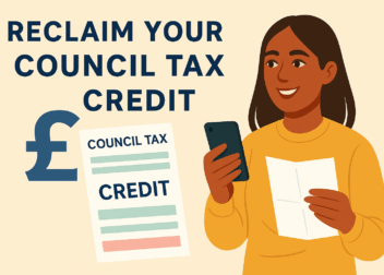 Flat-style illustration of a person checking council tax documents with a piggy bank and money icons, symbolising reclaiming council tax credit in the UK.