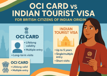 Flat-style digital illustration comparing OCI Card and Indian Tourist Visa features for British citizens of Indian origin in 2025.