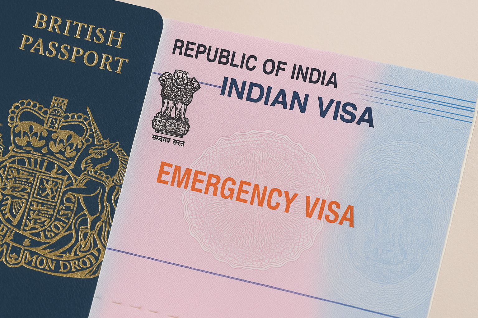 British passport next to an Indian emergency visa page marked with the words "Emergency Visa"