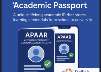 Illustration of two digital ID cards—one smartphone screen and one card—labeled “APAAR AUTOMATED PERMANENT ACADEMIC ACCOUNT REGISTRY” with a profile icon and a green checkmark, set against a blue background. Headline reads “APAAR – India’s New ‘Academic Passport’” with subtext “A unique lifelong academic ID that stores learning credentials from school to university.” ScottishIndian.com logo appears in the corner.