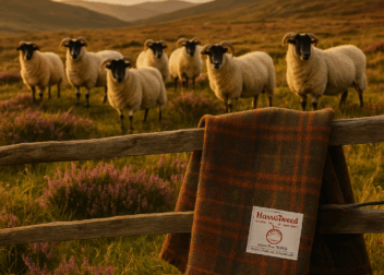 Handwoven Harris Tweed draped over a weathered wooden fence, with Scottish Blackface sheep grazing on a heather-covered moor at golden hour.