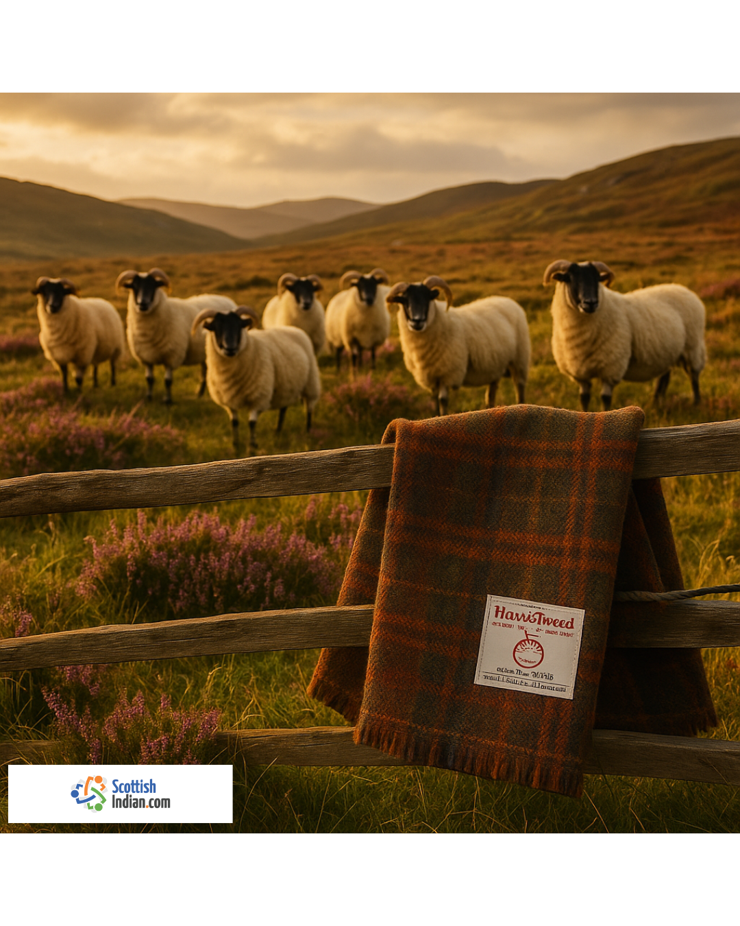 Handwoven Harris Tweed draped over a weathered wooden fence, with Scottish Blackface sheep grazing on a heather-covered moor at golden hour.