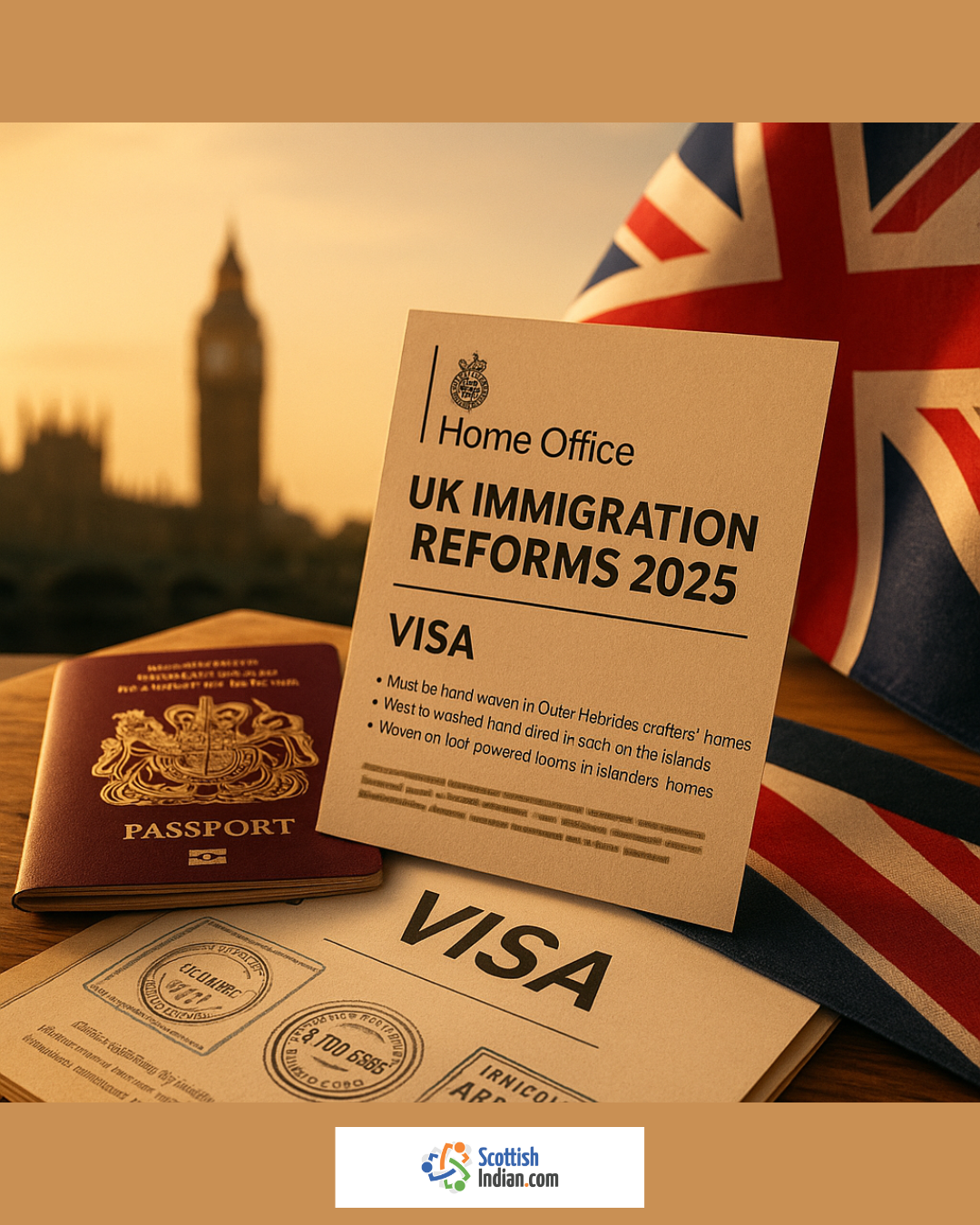 Close-up of a Home Office briefing paper titled “UK Immigration Reforms 2025,” a UK visa form stamped with official seals, and a maroon British passport resting on a wooden table, with a blurred Union Jack flag and Big Ben in the background at sunset.