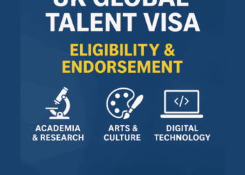 A digital graphic design slide titled “Visa Series – Part 2: Eligibility & Endorsement” with visuals of professionals from academia, digital tech, and the arts. The background includes soft UK-themed icons and clean typography with a dark blue and gold tone. ScottishIndian.com branding appears at the bottom.