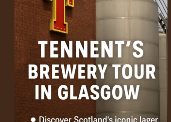 A promotional image featuring the iconic red 'T' logo of Tennent’s Lager on a brick wall next to brewery tanks, with text promoting the brewery tour in Glasgow.